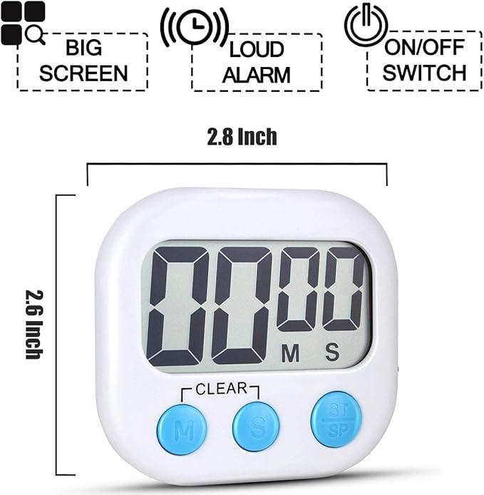 2 Pack Digital Kitchen Timer for Cooking Big Digits Loud Alarm Magnetic Backing Stand Cooking Timers for Baking White