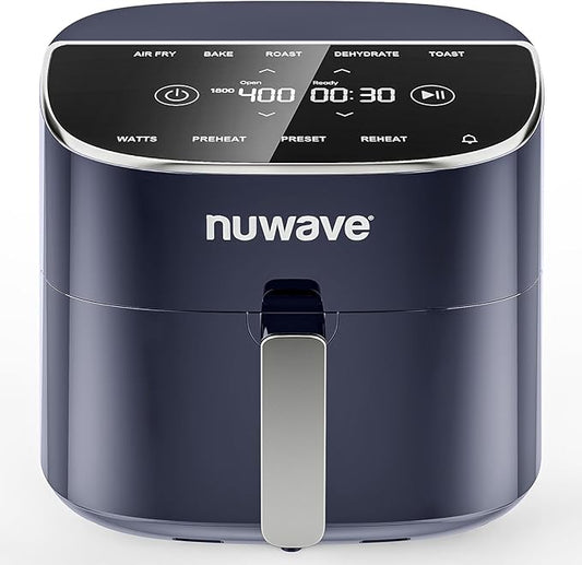 Nuwave Brio Plus 8 Qt Air Fryer, PFAS Free, New & Improved, Digital Touch Screen, Cool White Display, 50°F~400°F in Precise 5°, 5 Cook Functions, 100 Presets & 50 Memory, 3 Wattages 700, 1500, 1800