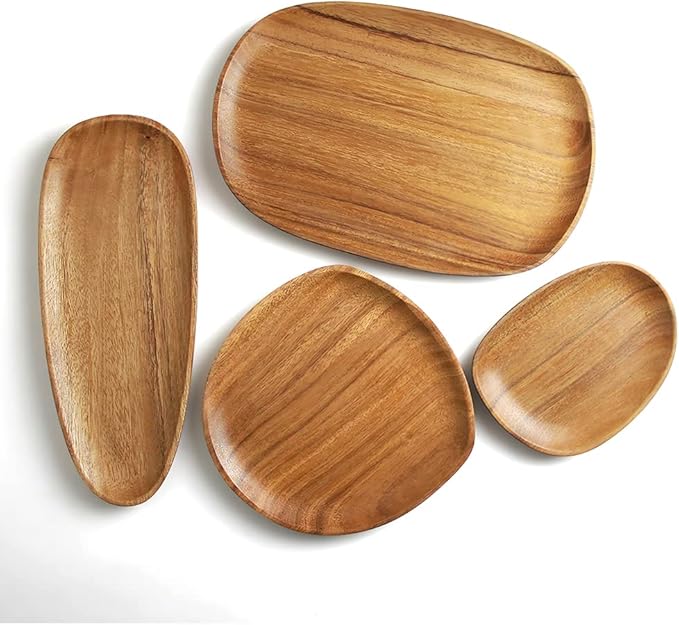 AOOSY Wood Serving Tray, Wooden Serving Platters Set for Serving Food, Fruit, Vegetable, Meat Breakfast Lunch Dinner in Bed Decorative Bread Plates Party Wood Serving Board, Set of 4