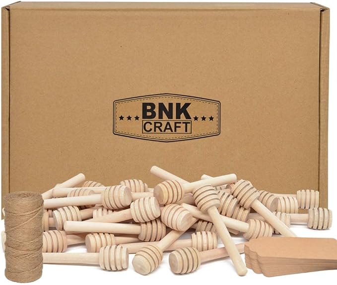 100Pcs 3 Inch Wood Honey Dipper Sticks with Natural Jute Twine & Kraft Paper Tags for Honey Jar Dispense Drizzle Honey Wedding Party Family by BNK