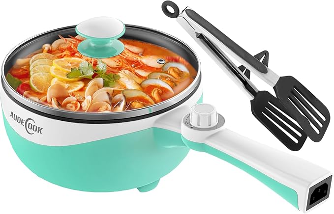Audecook Hot Pot Electric, 1.7L Mini Electric Skillet Portable Nonstick Sauté Pan with Power Adjustment,Ramen Cooker Travel Multicooker for Steak/Soup/Egg/Oatmeal/Noodles