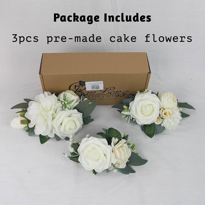 Rinlong 3Pcs Pre-made Cake Flowers Toppers White Green Cake Decorations Wedding Cake Decorating Flowers Decor Birthday Baptism Party Cake Topper