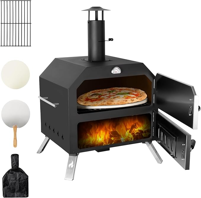 15’’ Outdoor Pizza Oven Wood Fired Pizza Oven Portable Patio Ovens Included Pizza Stone, Pizza Peel, Fold-up Legs, Cover Cooking Rack for Camping Backyard BBQ