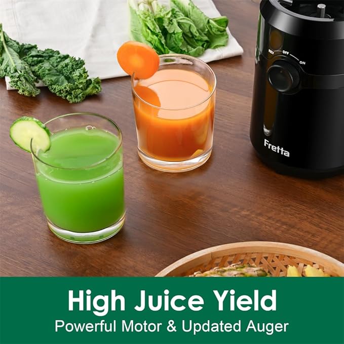 Cold Press Juicer Machines,Fretta Slow Masticating Juicer Machines with 4.25" Large Feed Chute,Fit Whole Fruits & Vegetables Easy Clean Self Feeding,High Juice Yield,BPA Free (Black)