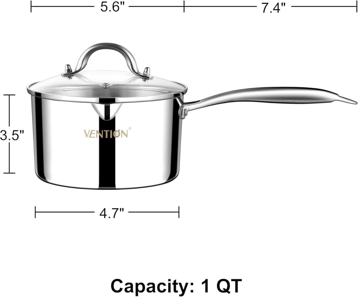 VENTION Tri-Ply Stainless Steel 1 Quart Saucepan with Lid, Bright Small Sauce Pan with Pour Spout, Small Pots for Cooking, Right Hand