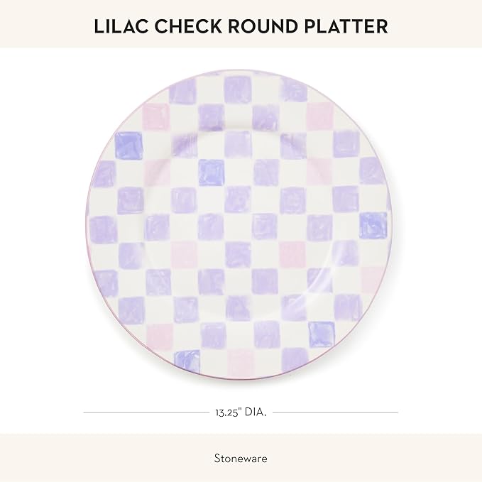 MACKENZIE-CHILDS Round Platter, Dishwasher-Safe and Microwave-Safe Stoneware Serving Platter, Lilac Check