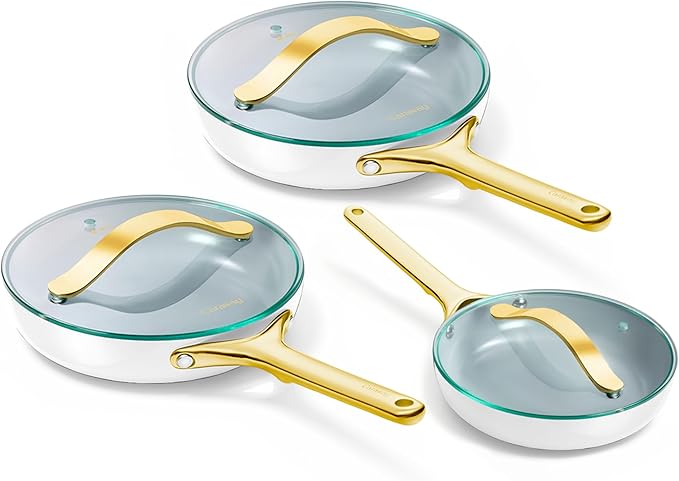 Caraway Ceramic Nonstick Fry Pan Set with Glass Lids – Includes Two 10.5” Fry Pans, One 8” Fry Pan, & Three Lids - Non Toxic, PTFE & PFOA Free - Oven Safe & Compatible with All Stovetops - White
