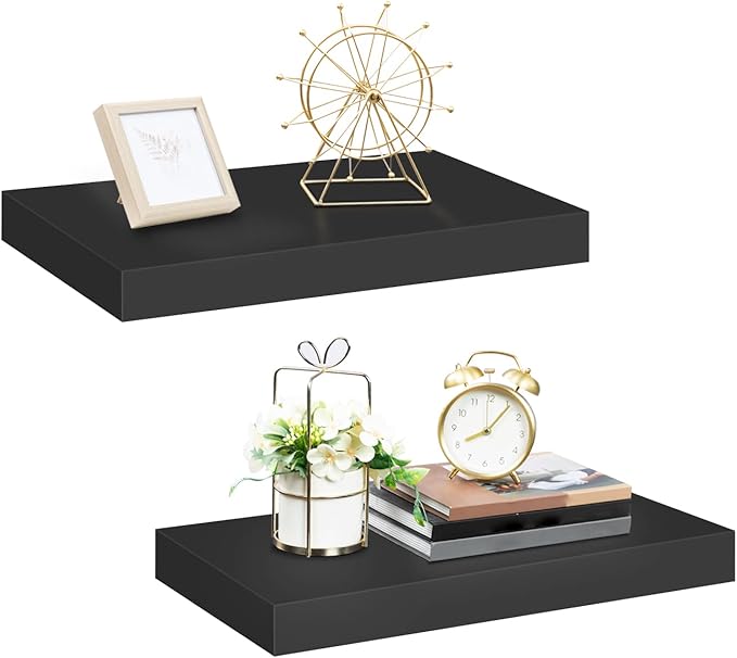 HOOBRO Floating Shelves for Wall, Wall Mounted Shelf Set of 2, 15.7" Hanging Shelf with Invisible Brackets, for Wall in Bathroom, Bedroom, Toilet, Kitchen, Living Room, Office, Black BK40BJ01