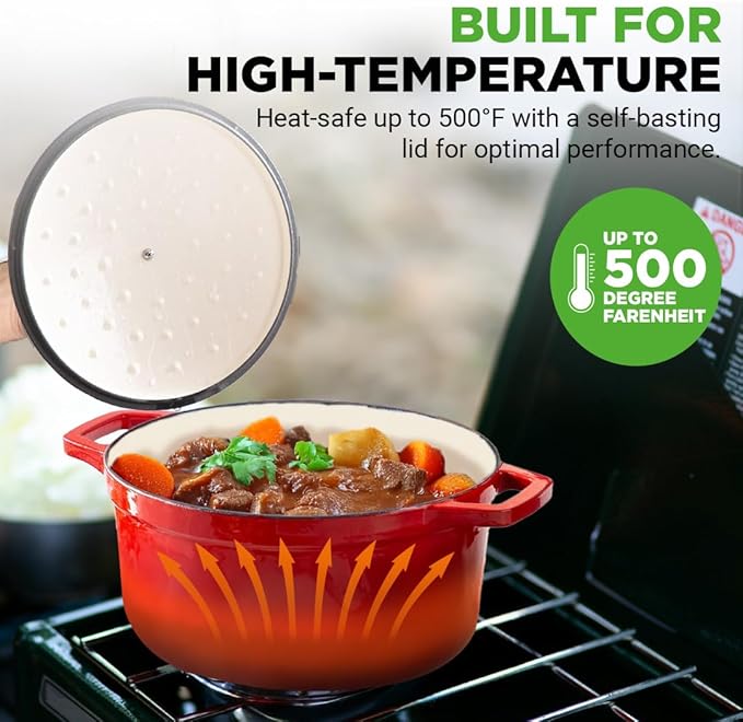 NutriChef Enameled Cast Iron Dutch Oven-5-Quart Kitchen Round Dutch Oven Stovetop Casserole Cookware, Porcelain Enamel Coated Cast-Iron Baking Pots w/ Self Basting Lid-NCCIEC45(Red),Medium