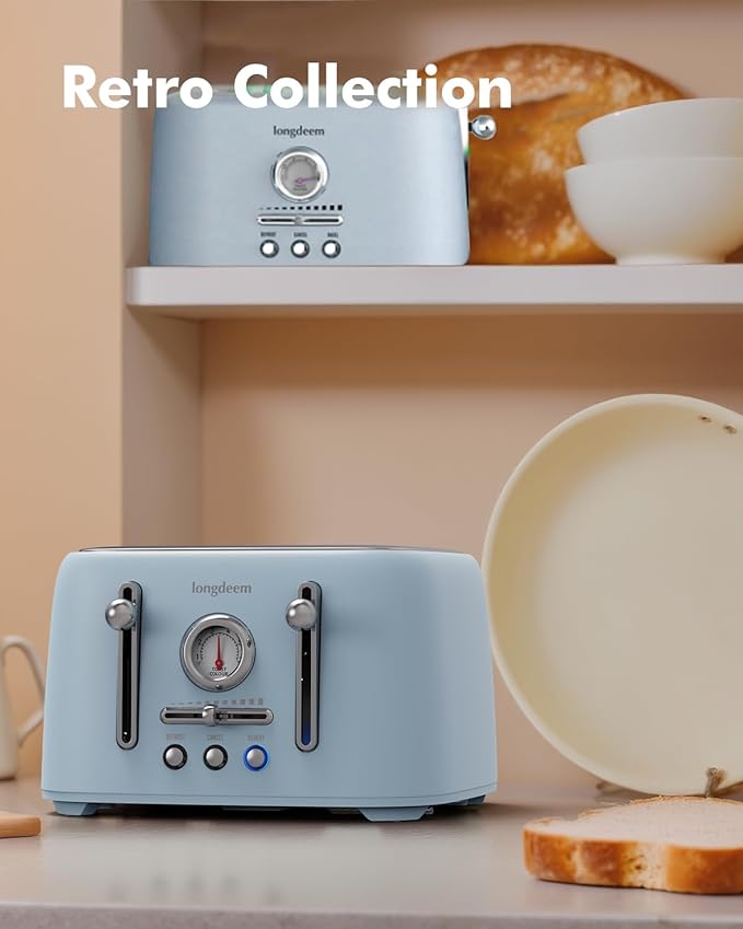 4-Slice Toaster with 1.6" Extra-Wide Slots, 6-Level Browning Control & Bagel/Defrost, Removable Crumb Tray, Auto Shutoff Stainless Steel Toaster Oven, Blue