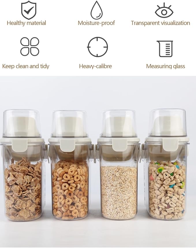 Small Cereal Containers Storage with Pour Spout and Measuring Cup Food Storage Containers Airtight Plastic Dry Food Dispenser for Flour, Grain, Rice, White, 1.6L / 54oz (4pcs)