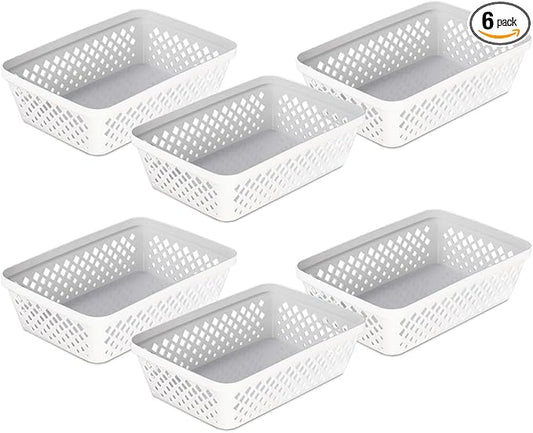 Glad Plastic Storage Basket Set - Multipurpose Drawer Trays, Kitchen Pantry Containers, and Bathroom Bins - 6 Pack Medium Organizers, White