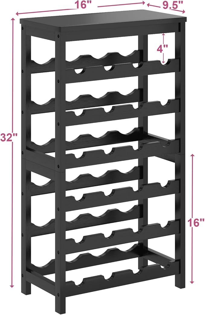 6 Tier Bamboo Wine Rack Freestanding Floor, 24 Bottles Wine Storage Shelves with Table Top, Stackable Wine Display Rack for Kitchen, Bar, Dining Room, Black