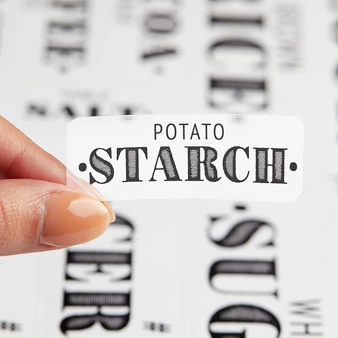 Talented Kitchen 154 Pantry Labels for Food Containers - Assorted Sizes & Black Bold Text on Clear Waterproof Vinyl - Preprinted Vintage Kitchen Labels & Farmhouse Style Pantry Organization