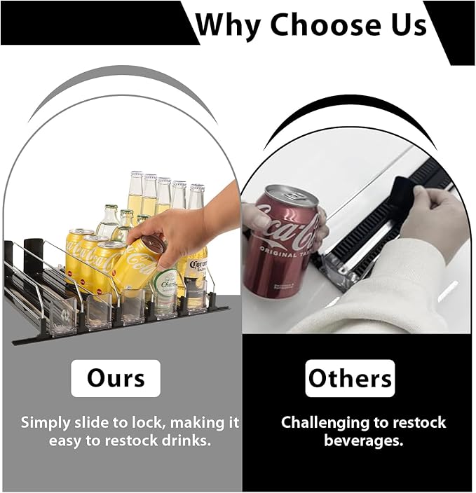 Upgraded Drink Organizer for Fridge – Adjustable Width Soda Can Organizer with Automatic Glide, Space-Saving Refrigerator Can Dispenser Holds Up to 25 Cans – Drink Holder for Fridge (5 Rows, Black)