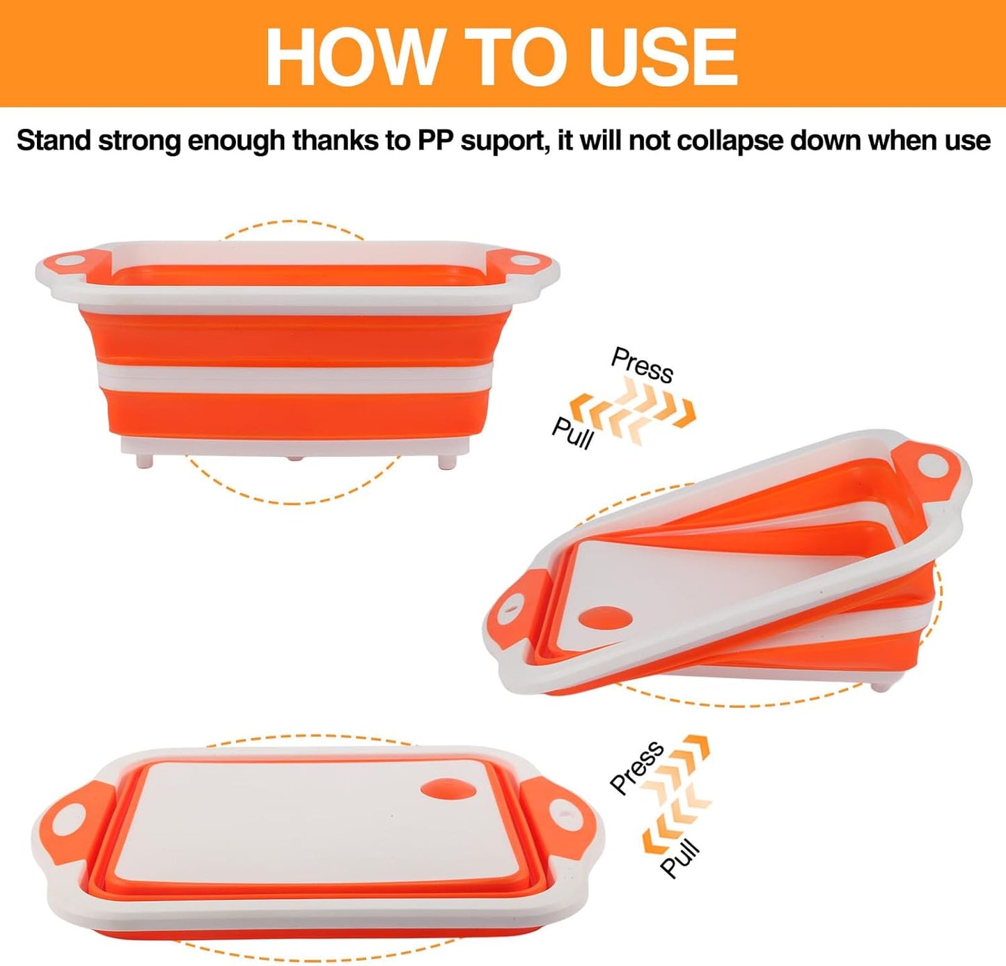 Collapsible BBQ Prep Tub/Cutting Board 10L, Foldable Dish Tub with Colander, Portable Camping Sink, Multifunction Dishing Basin Bucket Wash Tub for Kitchen Fruit Vegetable Picnic (Orange)