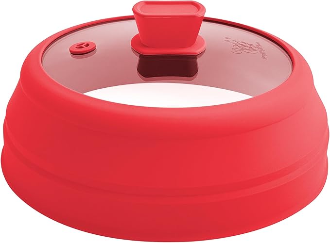 Microwave Splatter Cover Glass Microwave Cover for Food Collapsible Splatter Guard Lid with Silicone Handle for Pot Plate Bowl 9 Inch Red