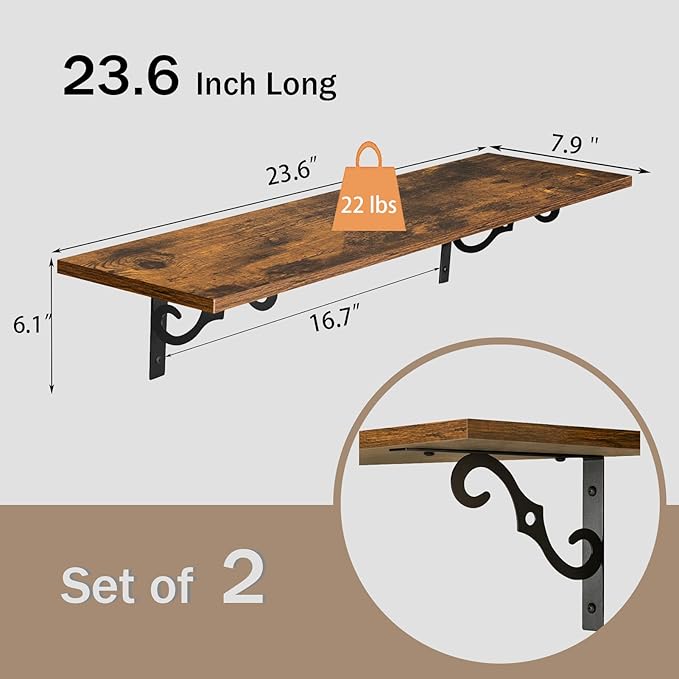 DINZI LVJ Long Wall Shelves, 23.6 Inch Large Floating Shelves Set of 2, Wide Display Shelf Wall Mounted with Brackets, Easy Hanging for Living Room, Toilet, Office, Bedroom, Rustic Brown