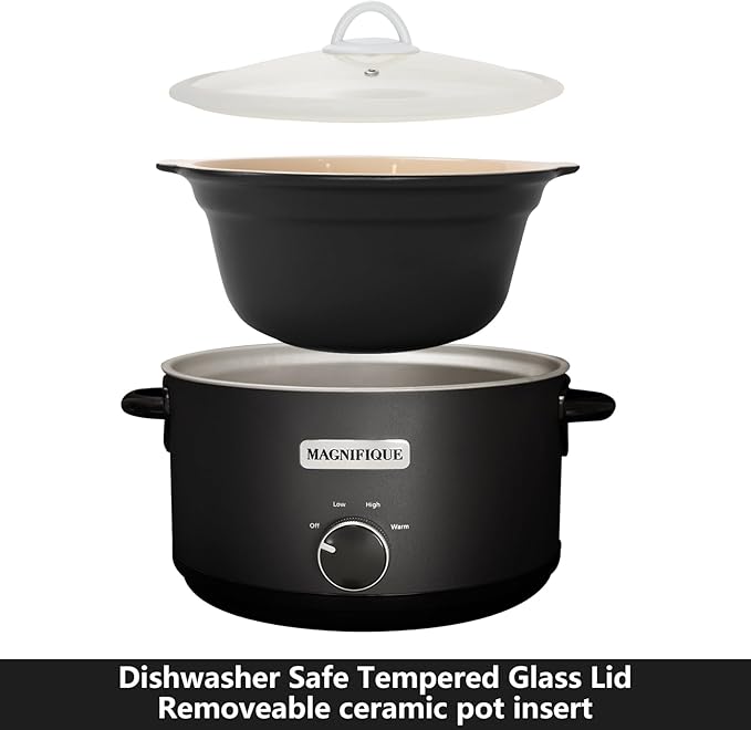 Magnifique 5 Quart Slow Cooker Round Manual Pot Food Warmer with 3 Cooking Settings Perfect Kitchen Small Appliance for Family Dinners (Stainless Steel Black and Black Ceramic Pot)