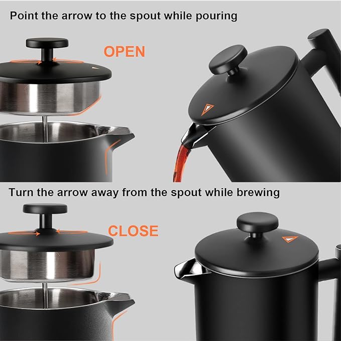 Secura French Press Coffee Maker with 3-Layer Stainless Steel Filter, 34 oz Black, Double-Walled Insulated Design with 2 Extra Filters