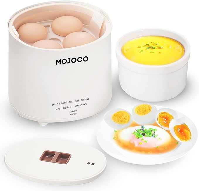 Mojoco Rapid Egg Cooker - Mini Egg Cooker for Steamed, Hard Boiled, Soft Boiled Eggs and Onsen Tamago - Electric Egg Boiler for Home Kitchen, Dorm Use - Smart Egg Maker with Auto Shut OFF and Alarm