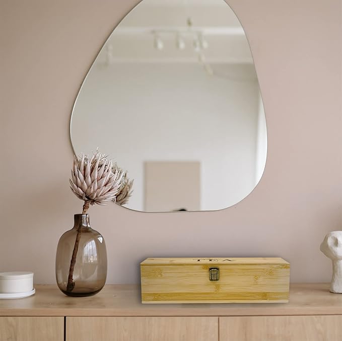 Bamboo Tea Organizer Box Chemical Free Eco-Friendly Big, Tall, Adjustable Cubbies Natural Wooden Storage Chest (4-Slot Rectangle 14.3"x 4.4" x 4.2" with TEA print design)