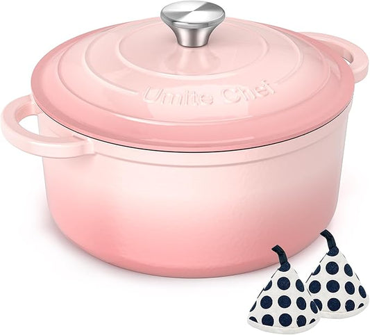 Umite Chef 5QT Enameled Cast Iron Dutch Oven Pot with Lid, Heavy-Duty Cookware for Bread Baking, Braising, Stews, Roasting, Wedding Registry Ideas & Gifts (Pink)