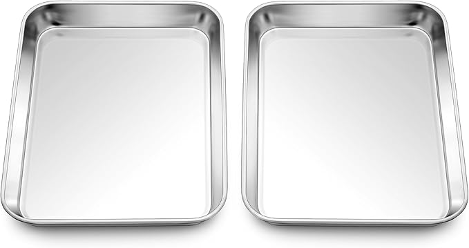 Homikit 2 Pack Baking Sheet, 9 x 7 Inches Stainless Steel Cookie Tray Set for Cooking Toasting, Mini Metal Cookie Toaster Oven Baking Pan Non Stick, Rustproof & Mirror Finish, Dishwasher Safe