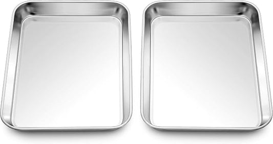 Homikit 2 Pack Baking Sheet, 9 x 7 Inches Stainless Steel Cookie Tray Set for Cooking Toasting, Mini Metal Cookie Toaster Oven Baking Pan Non Stick, Rustproof & Mirror Finish, Dishwasher Safe
