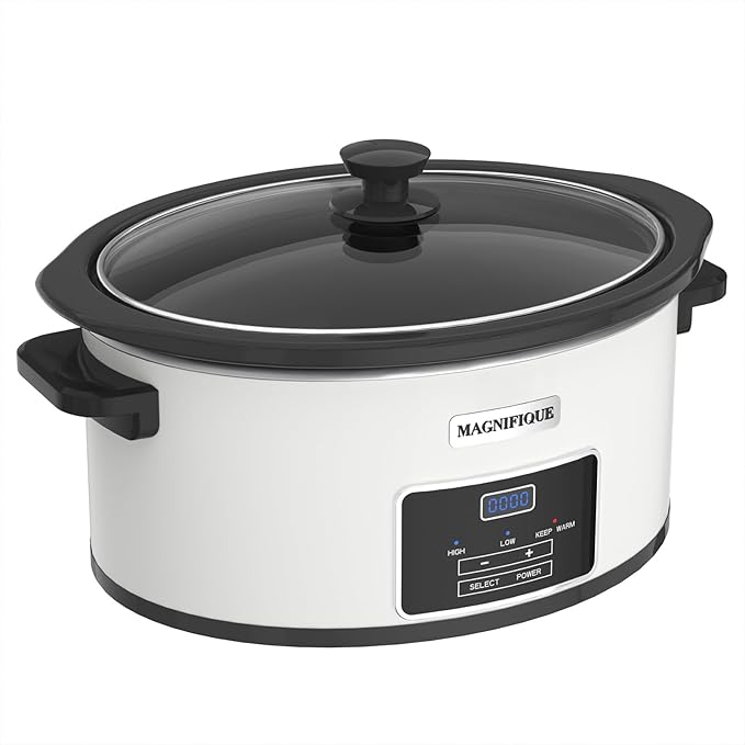 8-Quart Programmable Slow Cooker with Timer Keep Warm - Small Kitchen Appliance for Family Dinners - Serves 6+ People - Heat Settings: Keep Warm(White, Black Liner)