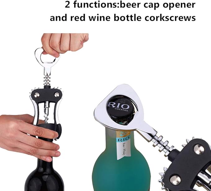 Foho Wine Opener, Multifunctional Wing Corkscrew Wine Bottle Opener for all Cork Stoppered and Beer Cap Bottles, Luxury Waiter Corkscrew with Stopper Set for Wine Enthusiast, Waiters - Black