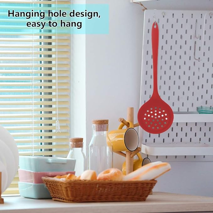 77L Slotted Spoon, Heatproof Skimmer Strainer Slotted Spoon, Seamless One-Piece Non-Stick Cooking Silicone Scoop Ladle with Ergonomic Handle for filter Vegetable, Pasta and More (Red)