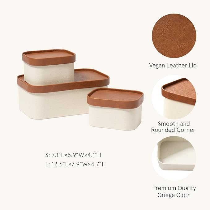 Beige Decorative Storage Boxes With Lids, Storage Baskets with Leather-Like Lids, Sturdy Stackable Paper Boxes Decorative Tray, Modern Basket Organizer Bins for Jewelry Shelve Bathroom Bedroom