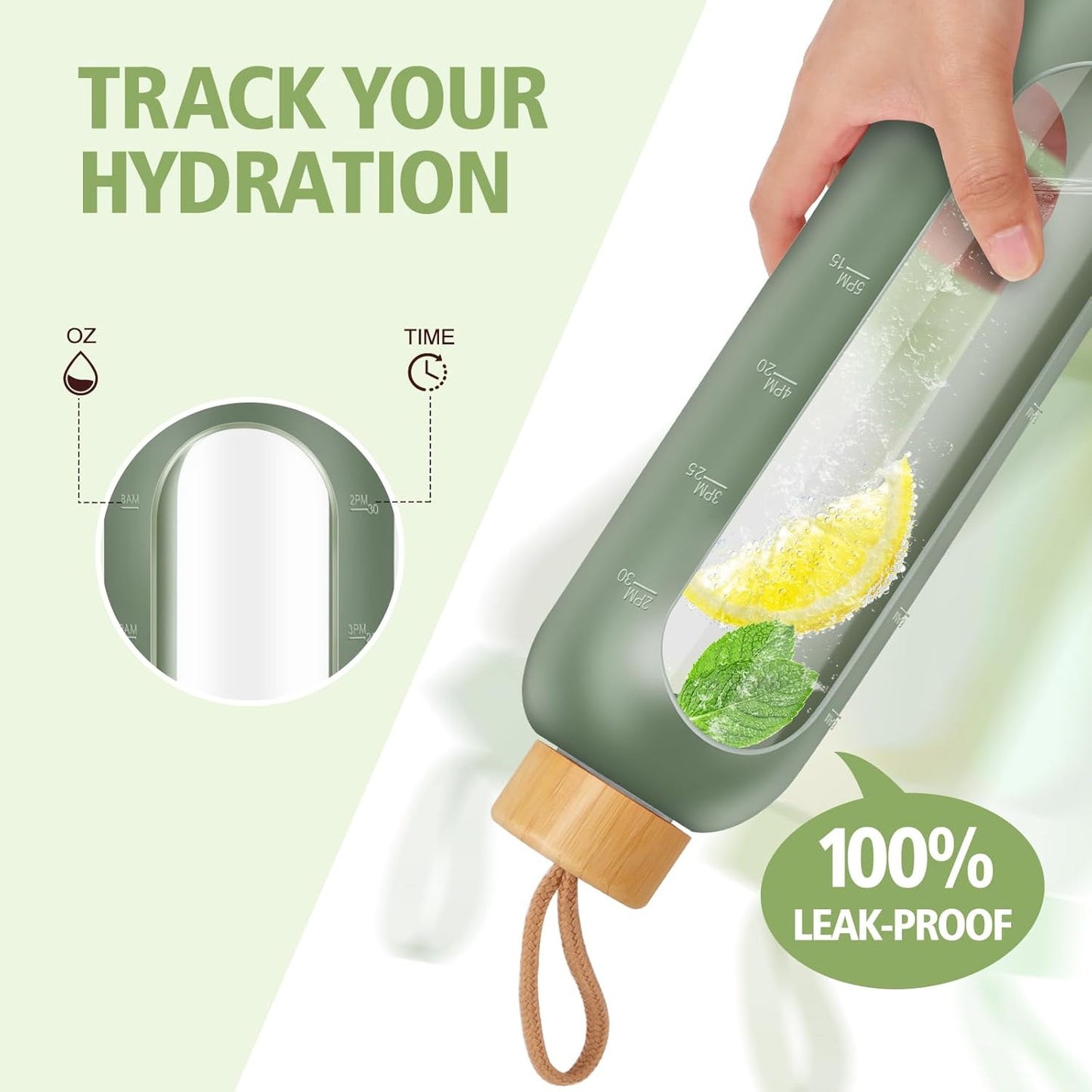 Glass Water Bottles 32 oz - Motivational Drinking Glass Water Bottle with Silicone Sleeve, Straw & 2 Bamboo Lids - 1 Liter Clear Borosilicate Daily Intake Tumbler with Time Marker - Olive