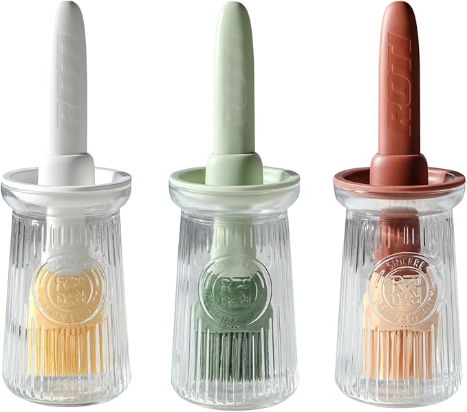 Oil Dispenser with Brush - Glass Olive Oil Dispenser for Kitchen, 3 IN 1 Oil Dispenser Bottle with Silicone Basting Brush for Cooking Vinegar Sauce BBQ Grill Frying (Brown/White/Green)