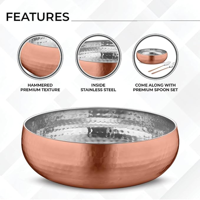 Avador® Set of 3 Premium Stainless Steel Salad Mixing Bowl Hammered Finish | Handmade | Includes Salad Serving Utensils (Copper Plated)