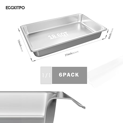 Hotel Pans Full Size 6-Pack 4 Inch Stainless Steel Trays for Food Commercial Hotel Pan Food Containers Chafing Pans For Restaurant Buffet Party Supplies