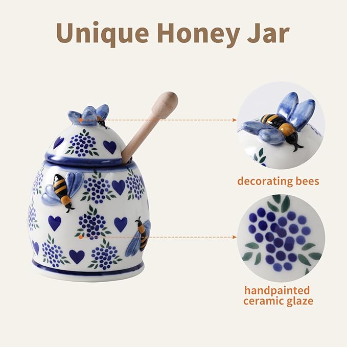 ZOOBEE Ceramic Honey Pots with Dipper and Lid Farmhouse Style,10oz Honey Dispenser No Drip,Handpainted Honey Jars with Bees,Easily Wash-Deep Love