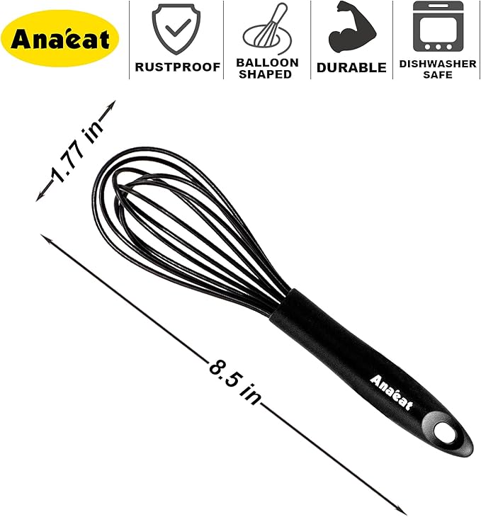 Anaeat 8.5" Silicone Balloon Whisk, Perfect for Non-Stick Cookware, Milk and Egg Beater Blender, Heat Resistant Kitchen Whisks for Whisking, Cooking, Baking, Beating, Frothing & Stirring (Black)