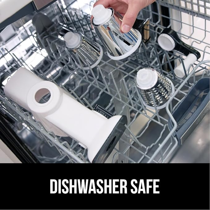 GORILLA GRIP BPA-Free Rotary Cheese Grater Hand Crank, Easy to Set Up, Strong Suction Base for Kitchen Countertop, Shred Potato, Vegetable, Nuts in Seconds, Round Mandoline Slicer, 3 Blades, White