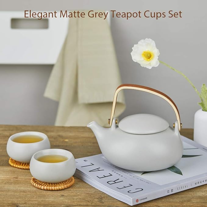 ZENS Vintage Japanese Teapot with Strainer, 27oz Matte Ceramic Loose Leaf Teapot with Infuser, Wood Handle Gray Japanese Teapots Hot Tea Brewer Pot for Women, Tea Lovers Gifts