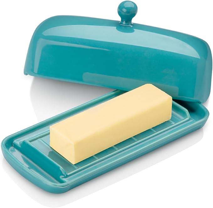 Nucookery Ceramic Butter Dish with Lid for Countertop, Butter Holder with Raised Non-Slip Strip, Keeper and Container for 1 Stick, Easy to Clean & Dishwasher Safe, Royal Blue