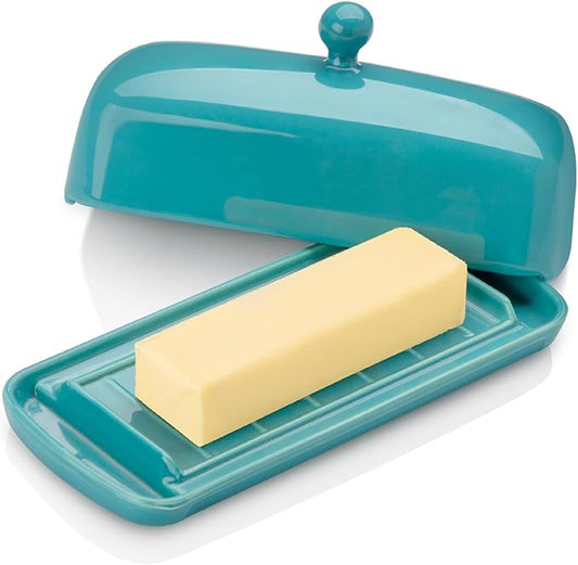 Nucookery Ceramic Butter Dish with Lid for Countertop, Butter Holder with Raised Non-Slip Strip, Keeper and Container for 1 Stick, Easy to Clean & Dishwasher Safe, Royal Blue