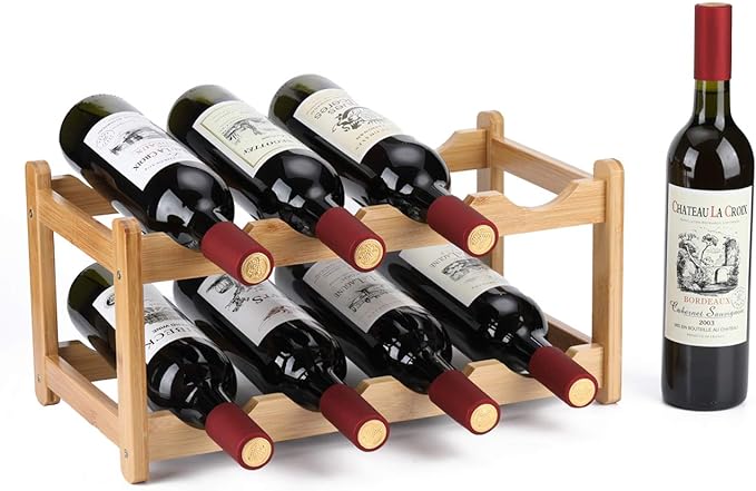 Wine Rack 8 Bottle 2-Tier Eco-Friendly Bamboo Wine Storage Easy-Assembly Space-Saving for Wine Lovers,Kitchen Wine Organizer for Countertop,Pantry, Home,Room Decor,Bar