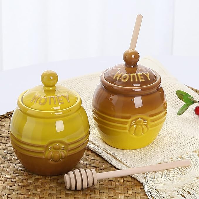 12oz Ceramic Honey Jar with Wooden Dipper Stick-Honey Pot with Dipper, Yellow Honey Dispenser, Farmhouse Kitchen Great Bee Decor, Porcelain Honey Jar Easy to Clean for Mother's Day Wife Gift