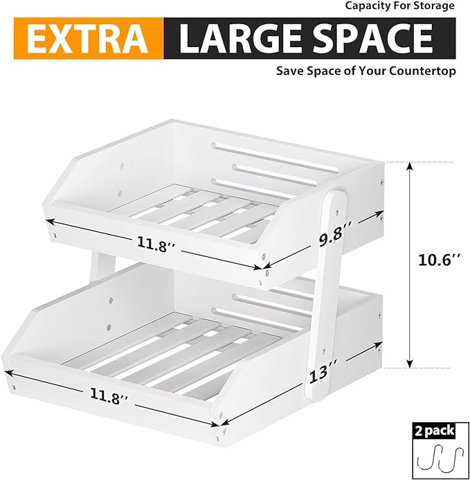 Bamboo Fruit Basket for Kitchen - 2 Tier Fruit Bowl, Large Holder With Banana Hangers, Idea For Vegetable Storage, Bread Display, Snack Organizer (White)