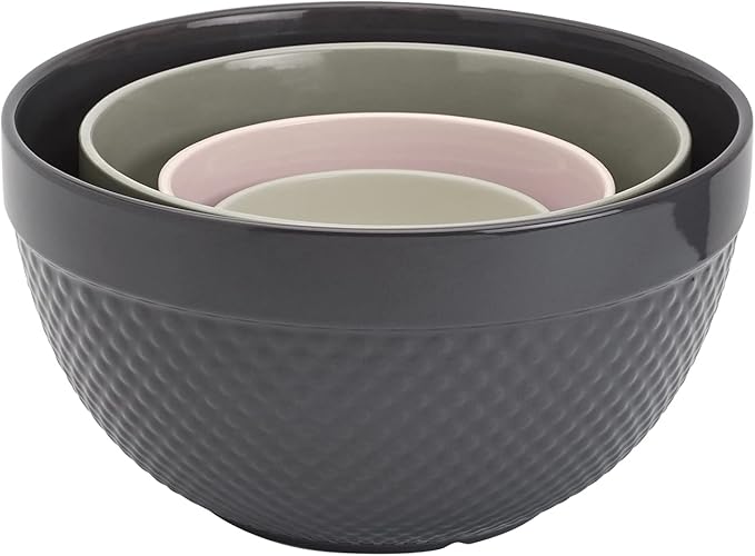 TTU Tabletops Gallery Hobnail Style 4 Piece Timeless Grey Stoneware Nesting Mixing Bowl Set for Baking and Cooking