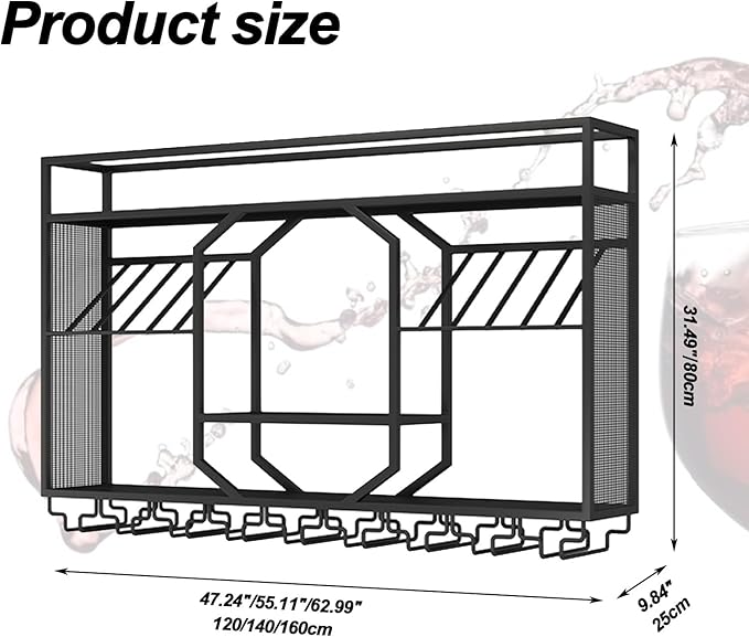 Wall Mounted Wine Rack, 3-Tiers Metal Bar Bottle Holder, Modern Wine Glass Storage Display Shelves, Wall Wine Rack for Kitchen Bar Dining Rooms Decoration ﻿ (Black, 63in/160cm)