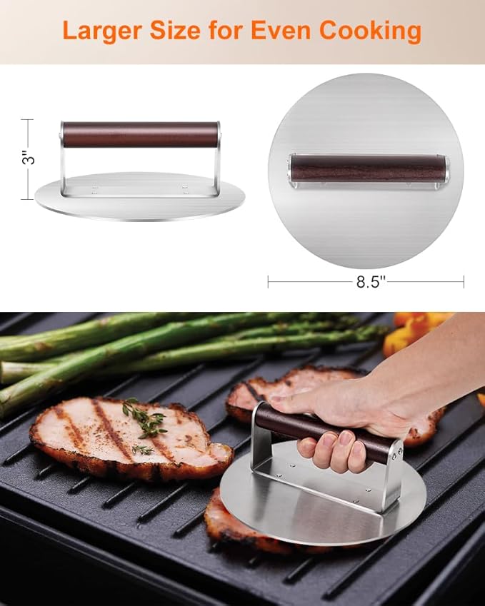 Brigii Burger Press Smasher, 2.5lb Heavy-Duty Stainless Steel, with Flat Nonstick Surface and Wooden Handle, for Hamburger Patty, Bacon, Steak, BBQ Grilling, Dishwasher Safe