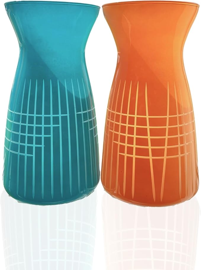 Rolf Glass Matchstick Colored Glass Vases | 6.5" Flower Vases | Diamond-Wheel Engraved | Designed and Engraved in the US | Bright Blue and Orange Glass | Bold, Contemporary Design | Set of 2